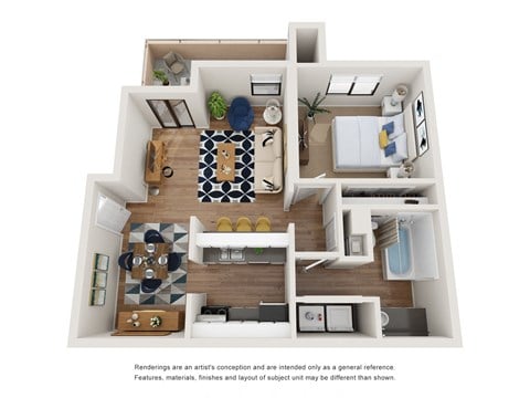 Floor plan for 1 bed, 1 bath, 675 sqft